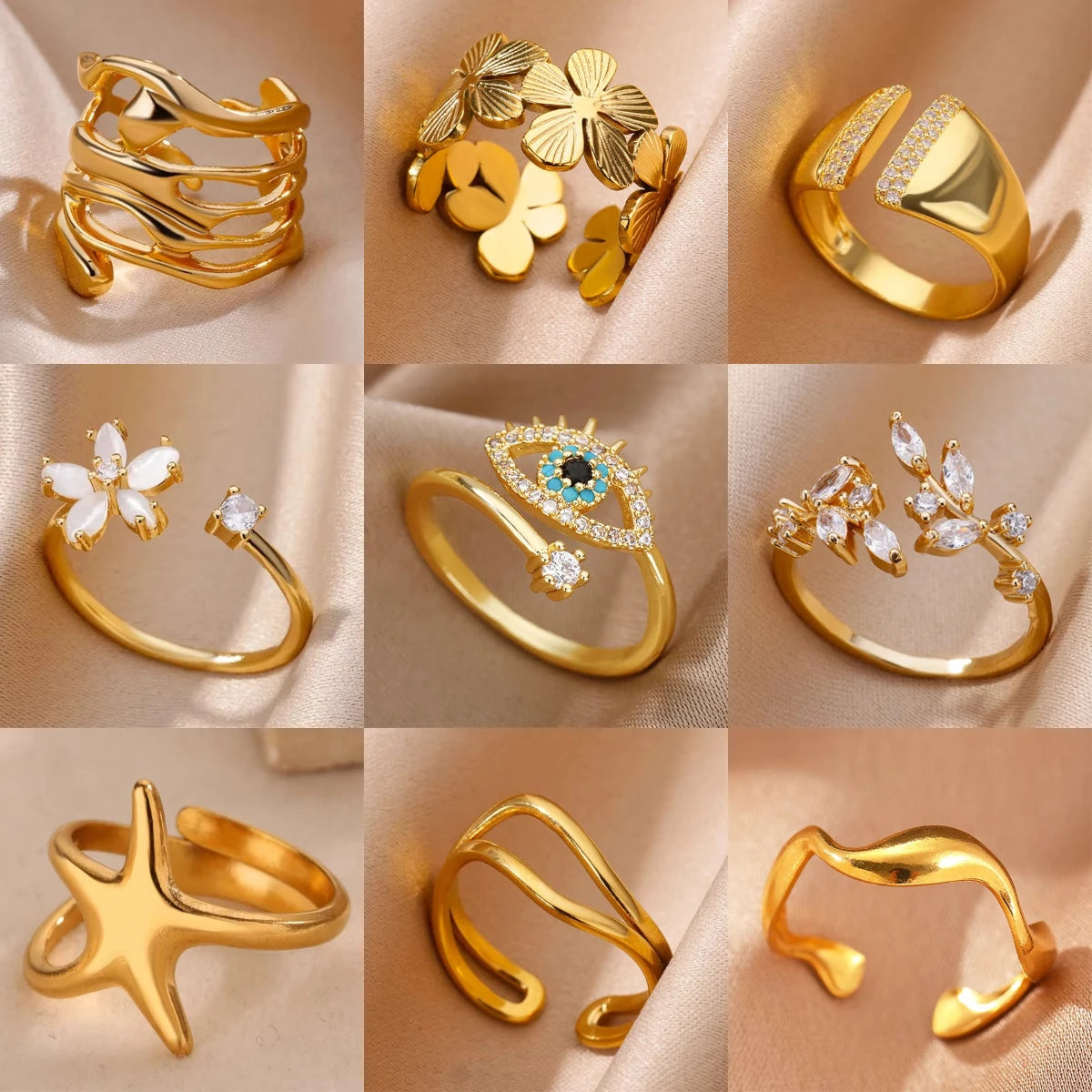 Bague Géométrique Zircon Doré – Acier Inoxydable, Ajustable