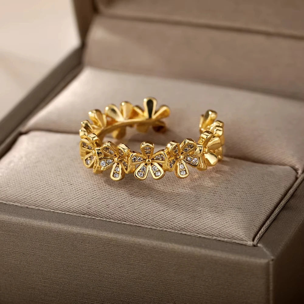 Bague Géométrique Zircon Doré – Acier Inoxydable, Ajustable