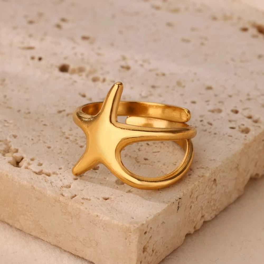 Bague Géométrique Zircon Doré – Acier Inoxydable, Ajustable