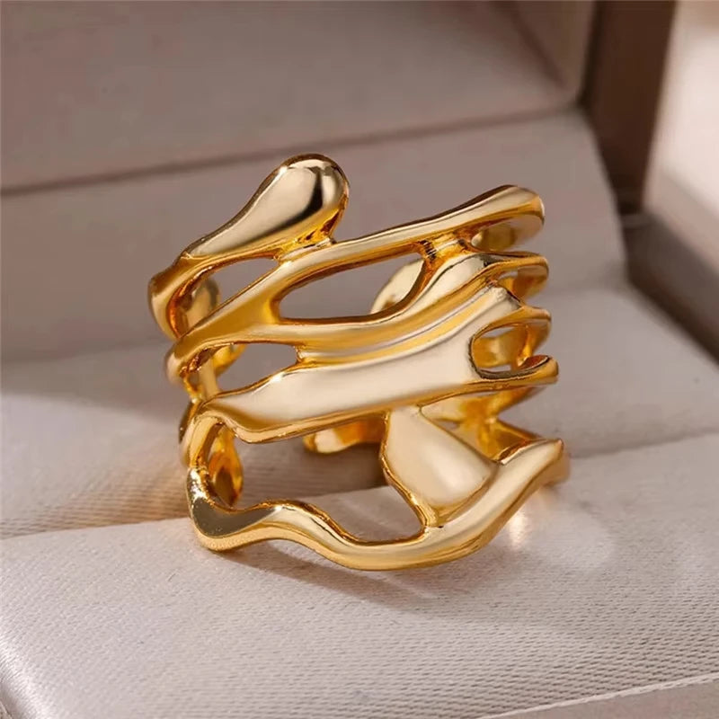 Bague Géométrique Zircon Doré – Acier Inoxydable, Ajustable