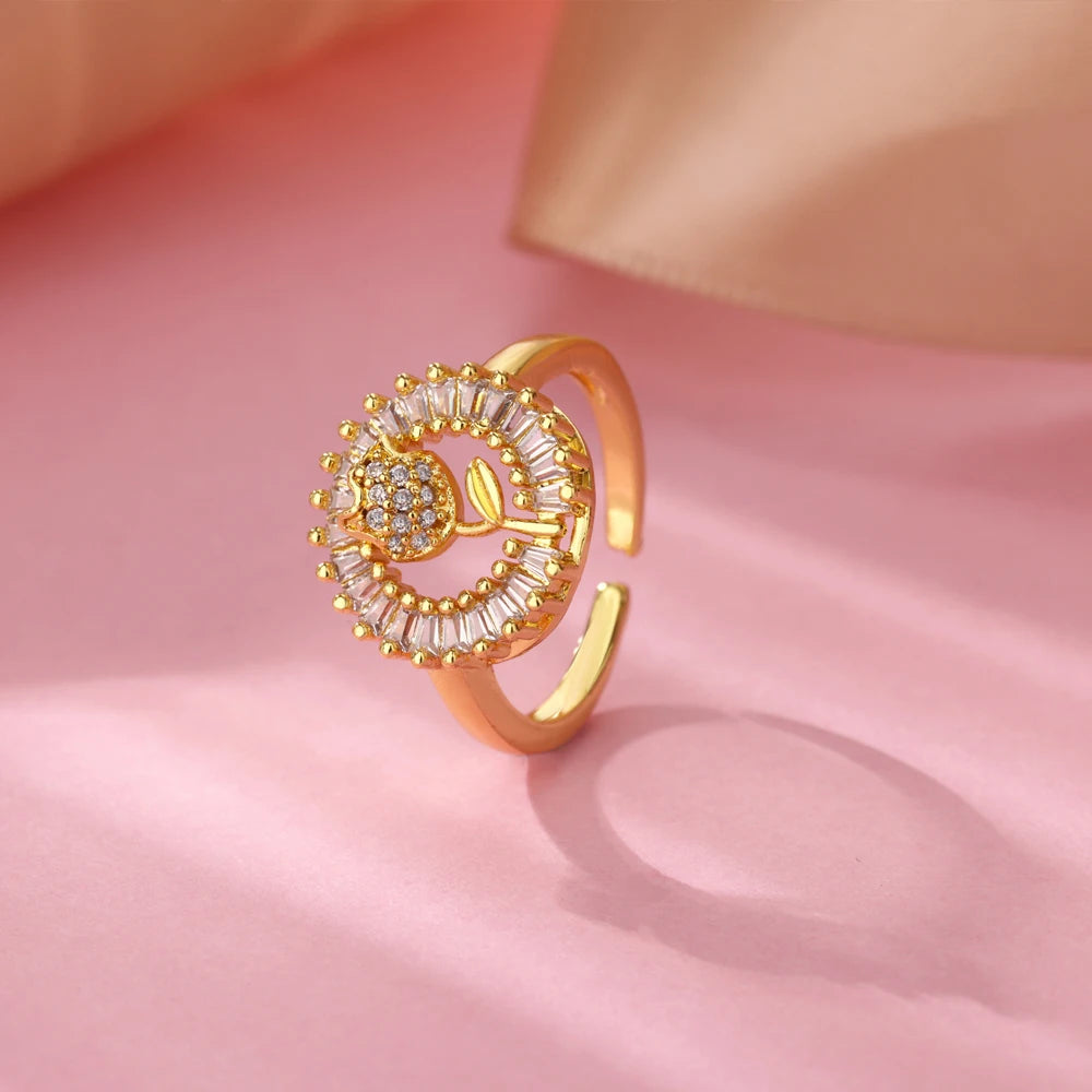 Bague Géométrique Zircon Doré – Acier Inoxydable, Ajustable