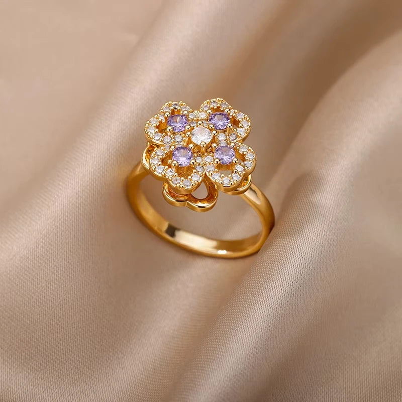 Bague Géométrique Zircon Doré – Acier Inoxydable, Ajustable
