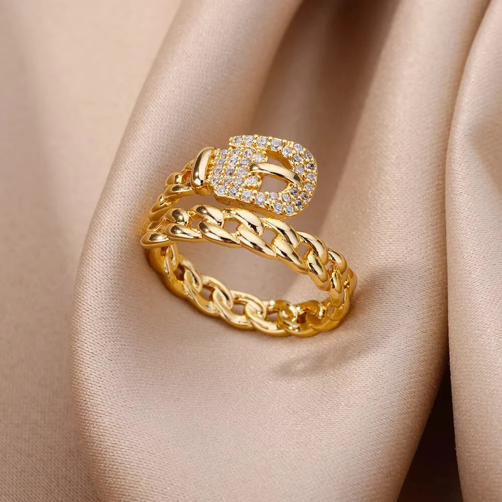 Bague Géométrique Zircon Doré – Acier Inoxydable, Ajustable