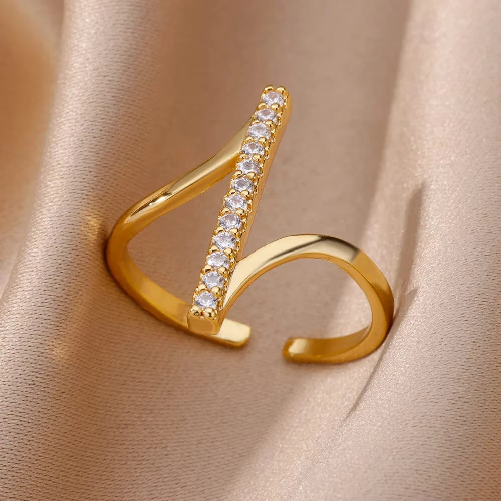 Bague Géométrique Zircon Doré – Acier Inoxydable, Ajustable